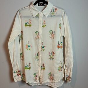 SG Creation Womens Beiges Button up Long Sleeve‎ Embroidered Camel Pattern Top L
